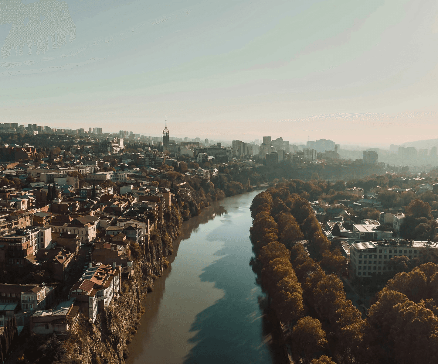 Aerial view of the Kura River winding through Tbilisi